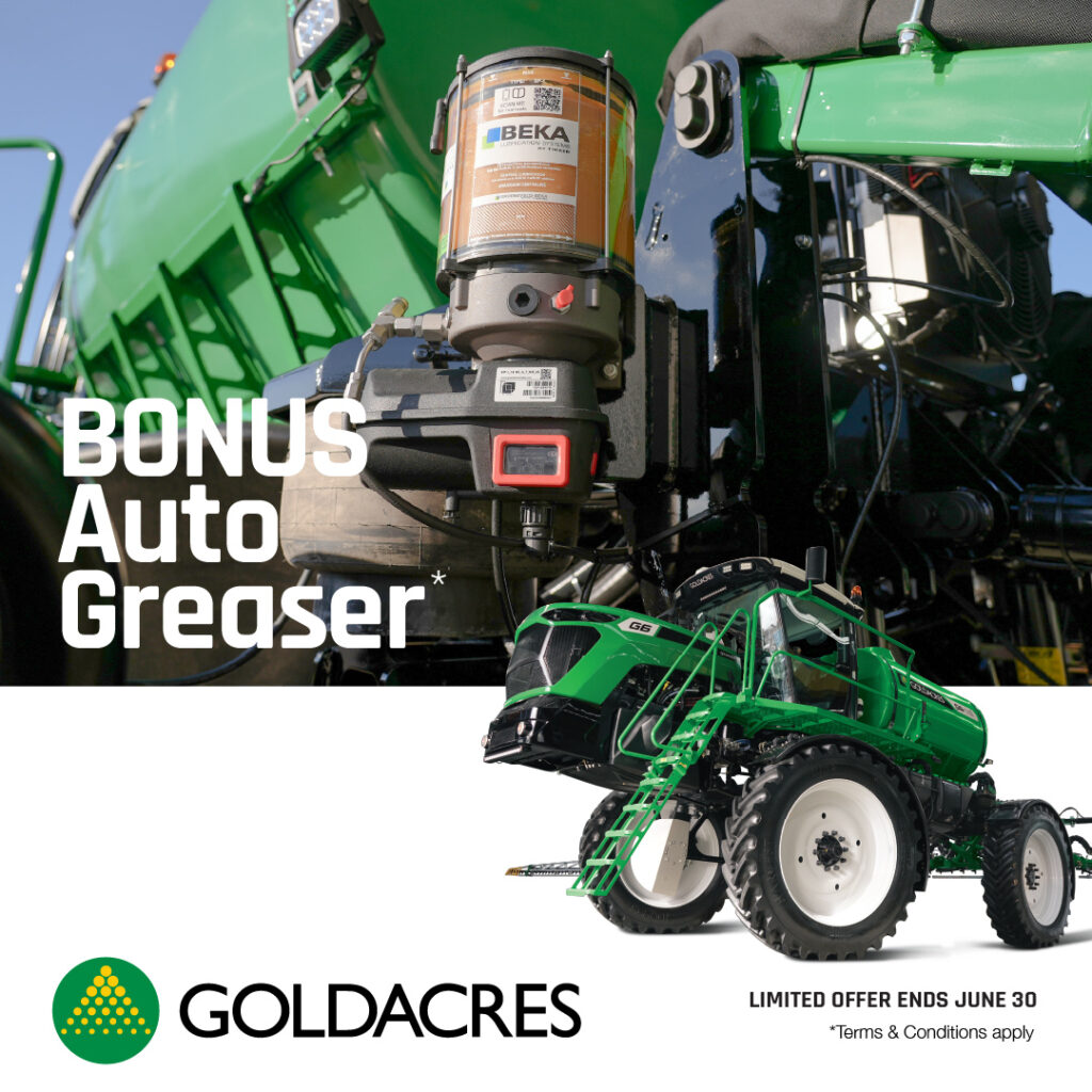 Get a bonus factory-fitted Auto Greaser with any Goldacres G6 Crop Cruiser Series 2 purchase. Save time on maintenance and improve longevity of lubricated parts.